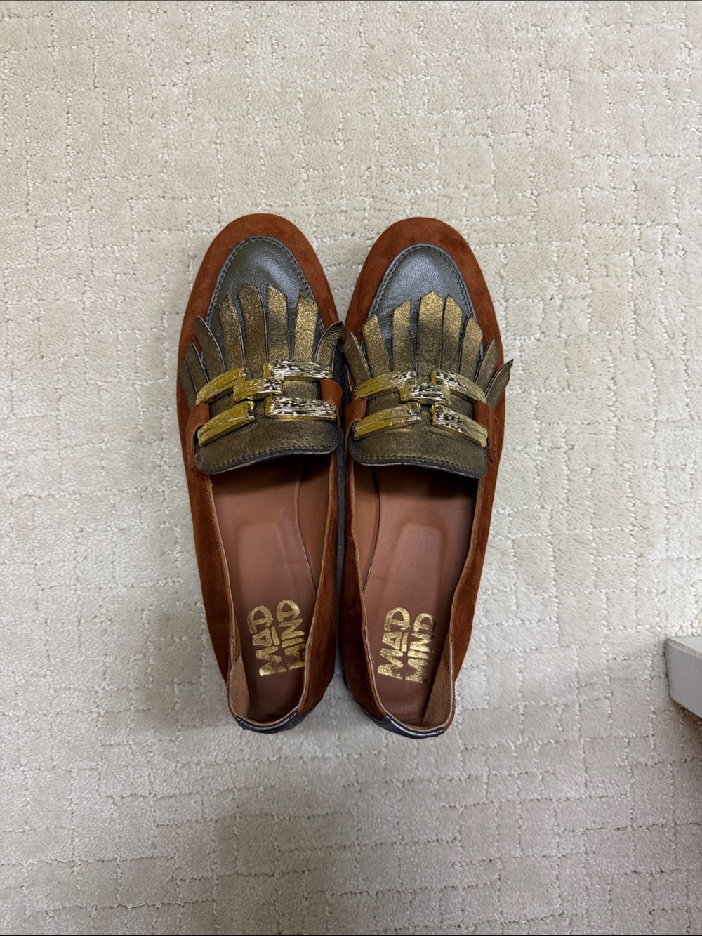 Mad Mind Brown Suede Loafers with Gold Metallic Fringe